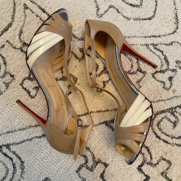 Christian Louboutin Tan and Cream Strappy Heels - Picture 7 of 11